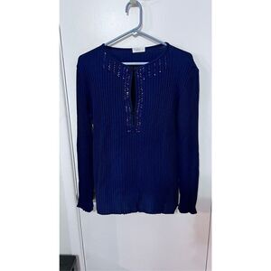 Gaby tricot Women's Rib Long Sleeves Merino Wool Notch Neckline Blue Top Size L